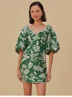 Farm Rio Green Botanical Puff-Sleeve Dress